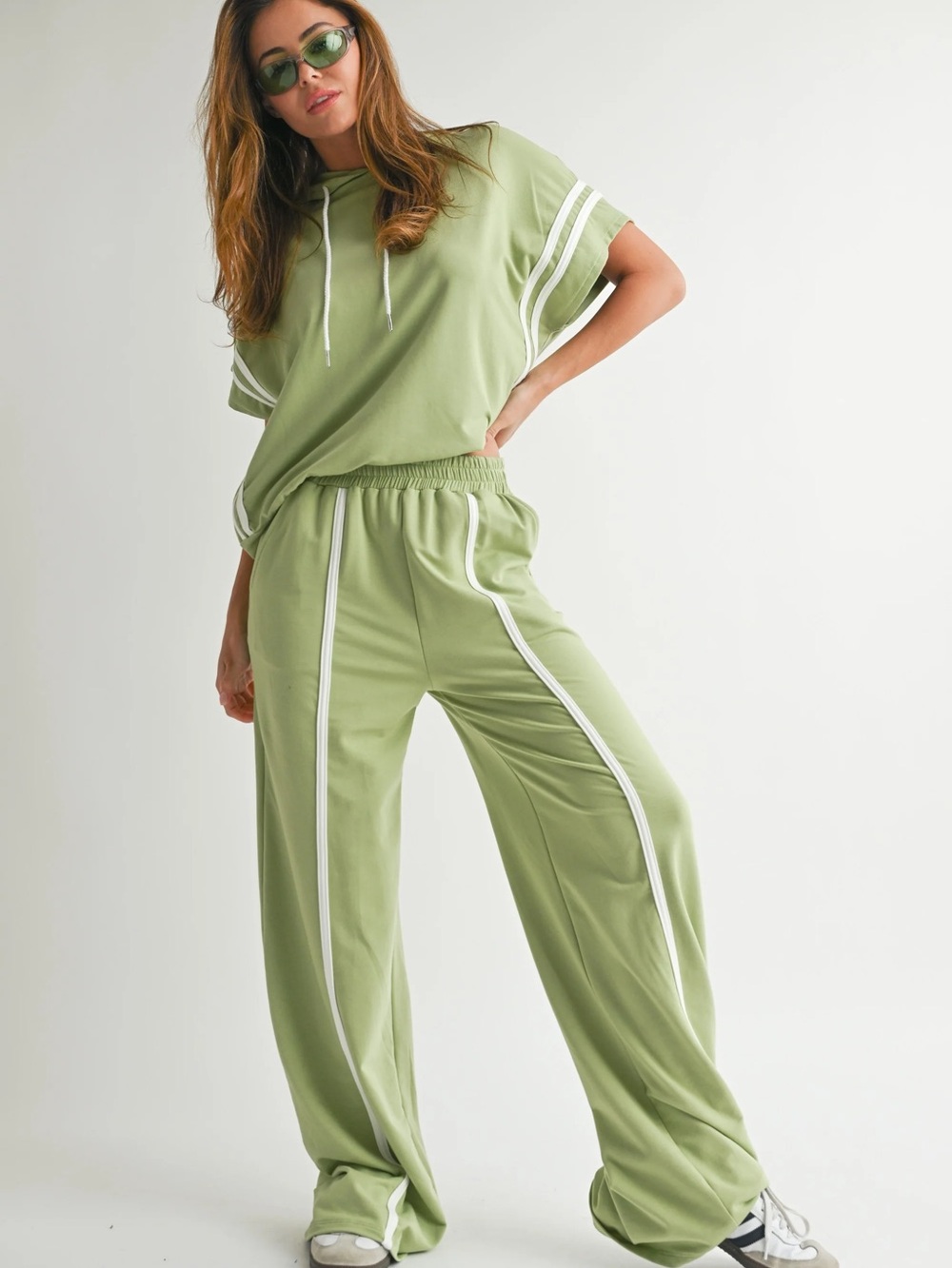 WinWin Green Hoodie Top and Wide Leg Pants Set | Cute Comfy Jogger Set